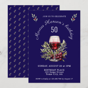 Invitation Vin Bleu Verre Olive Aquarelle 50e anniversaire