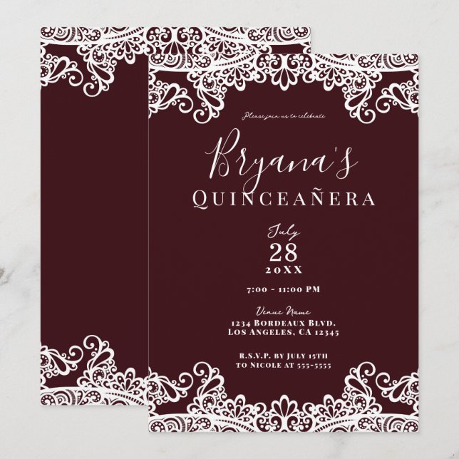 Invitation Vin Bordeaux & dentelle blanche Elégante Quinceañe (Devant / Derrière)