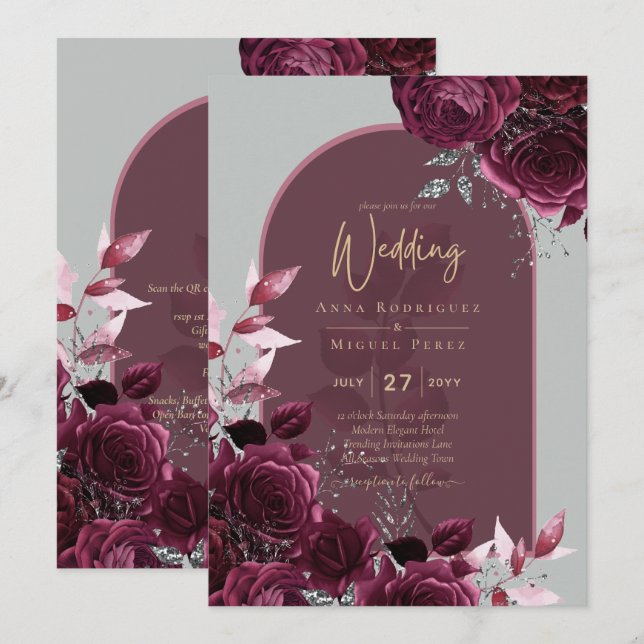 Invitation Vin Bourgogne Rose Gold Mariage (Devant / Derrière)