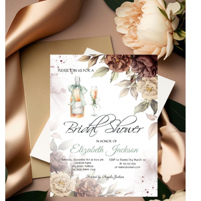 Invitation Vin Bouteille Verre Chic Fleurs Fête des mariées (Créateur téléchargé)