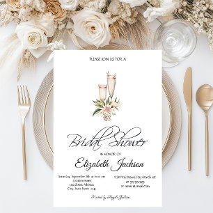 Invitation Vin Bouteille Verre rose Fête des mariées florale