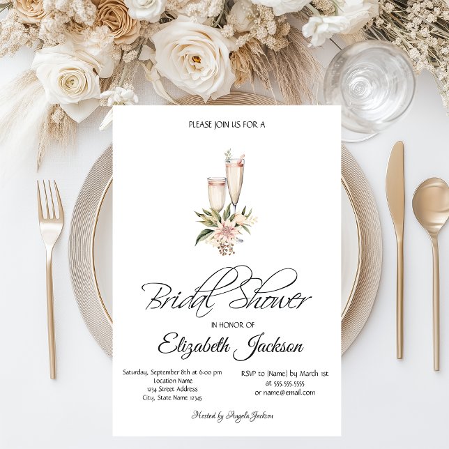 Invitation Vin Bouteille Verre rose Fête des mariées florale (Créateur téléchargé)