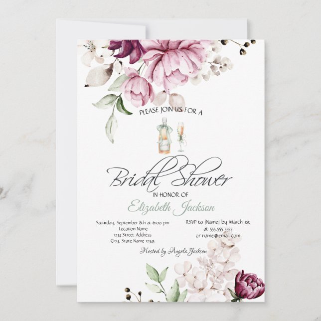 Invitation Vin Bouteille Verre Violet Fleurs Fête des mariées (Devant)