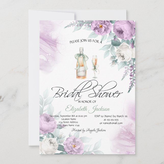 Invitation Vin Bouteille Verre Violet Rose points (Devant)