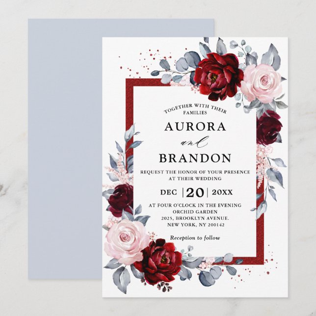 Invitation Vin de Bourgogne Dusty Blue Slate Floral Mariage (Devant / Derrière)