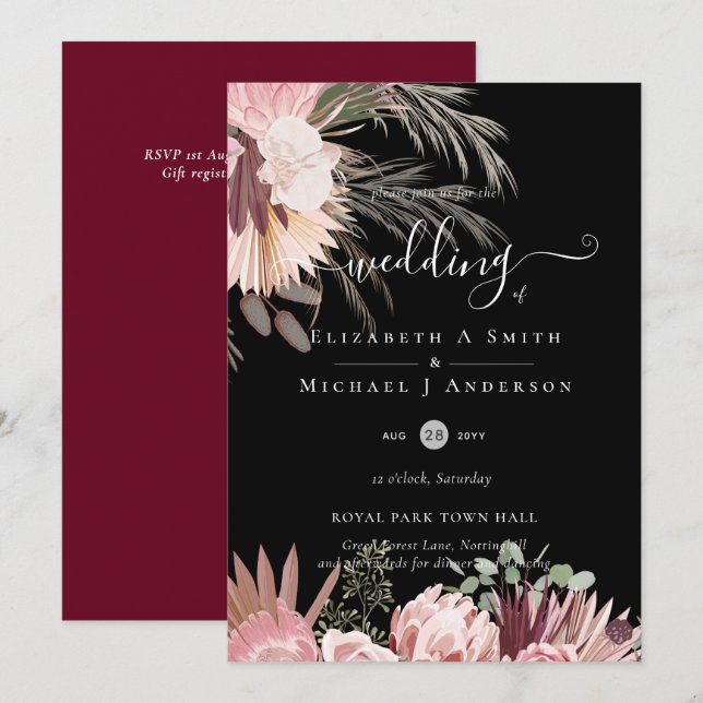 Invitation Vin de Bourgogne Pampas Grass Mariage Tropical (Devant / Derrière)