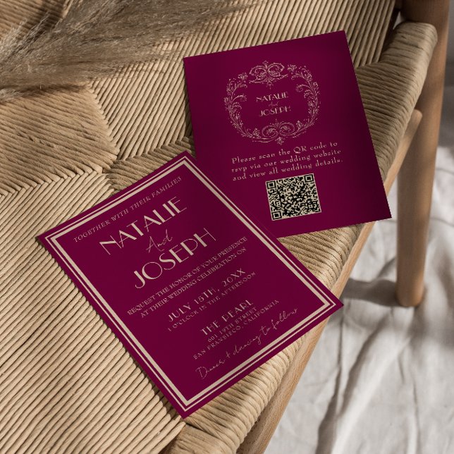 Invitation Vin de Classe Beige Argent Vieux Luxe Code QR Mari (Créateur téléchargé)