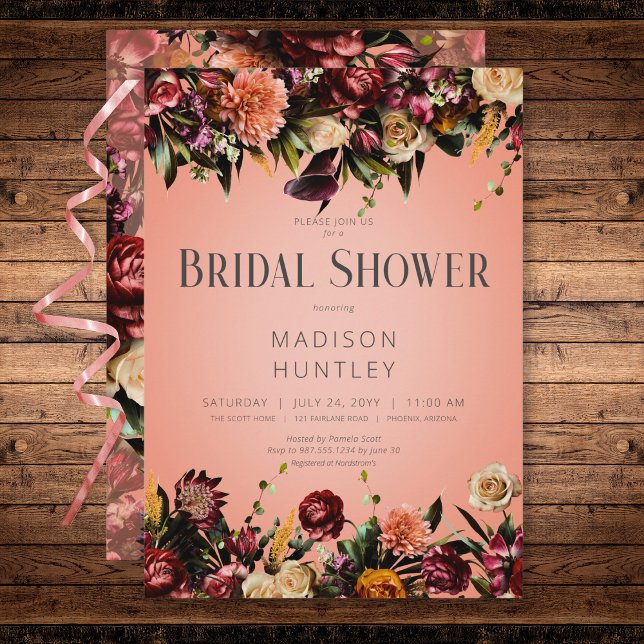 Invitation Vin de Pêche Rustique & Fête des mariées Florale V (Rustic Peach Wine & Purple Floral Bridal Shower Invitation)