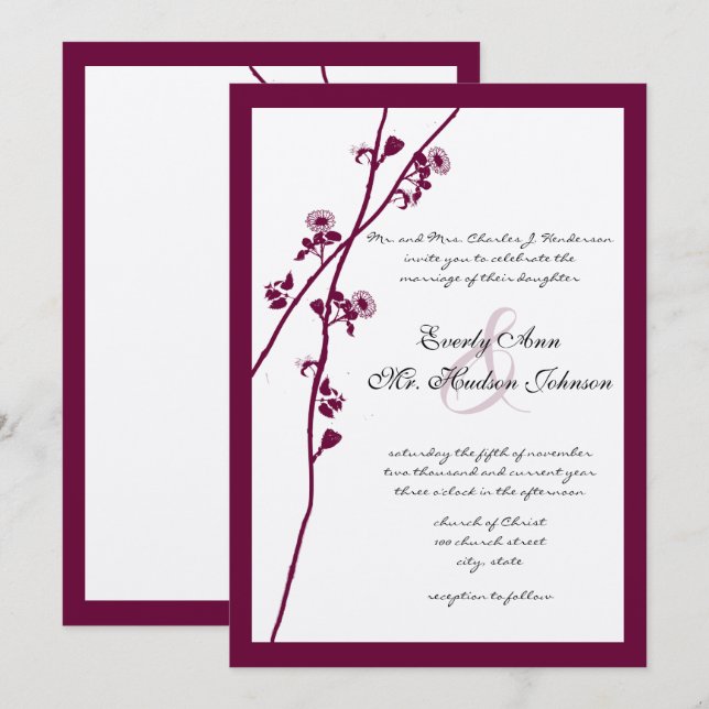 Invitation Vin de prune Branche Fleur sauvage Mariage Invitat (Devant / Derrière)