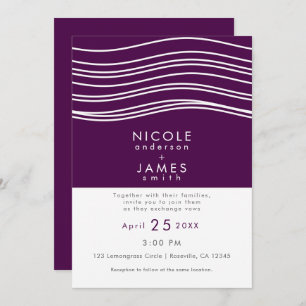 Invitation Vin de prune violet & blanc Vague chic Mariage mod