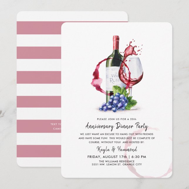 Invitation Vin & Dîner Occassion Anniversaire Red Stripes (Devant / Derrière)