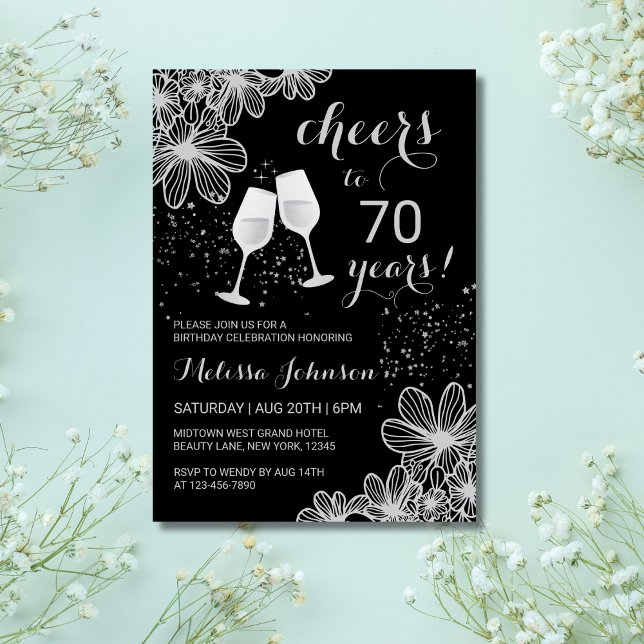 Invitation Vin d'oie Floral Noir Jalon Anniversaire (Créateur téléchargé)
