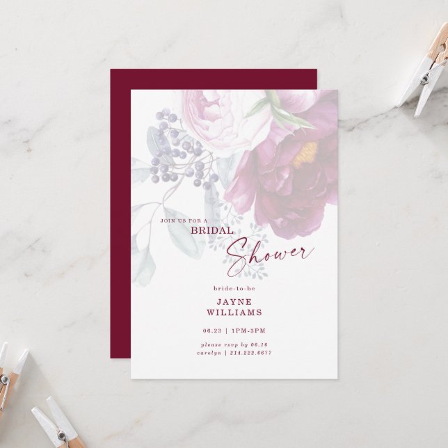 Invitation Vin Floral Élégante Fête des mariées (Devant/Arrière en situation)