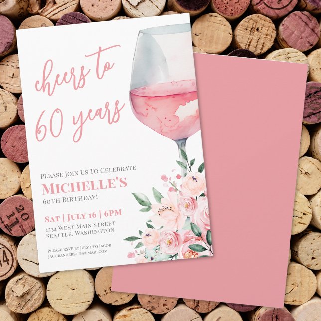 Invitation Vin Floral Soirée À 60 Ans Fête D'Anniversaire (Wine Floral Cheers To 60 Years Birthday Party Invitation)