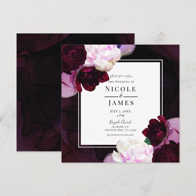 Invitation Vin foncé Moody Floral Moderne Élégant Mariage Gla (Devant / Derrière)