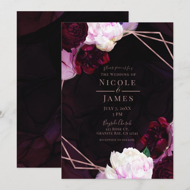Invitation Vin foncé Moody Floral moderne Rose Mariage or (Devant / Derrière)