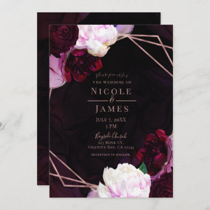 Invitation Vin foncé Moody Floral moderne Rose Mariage or