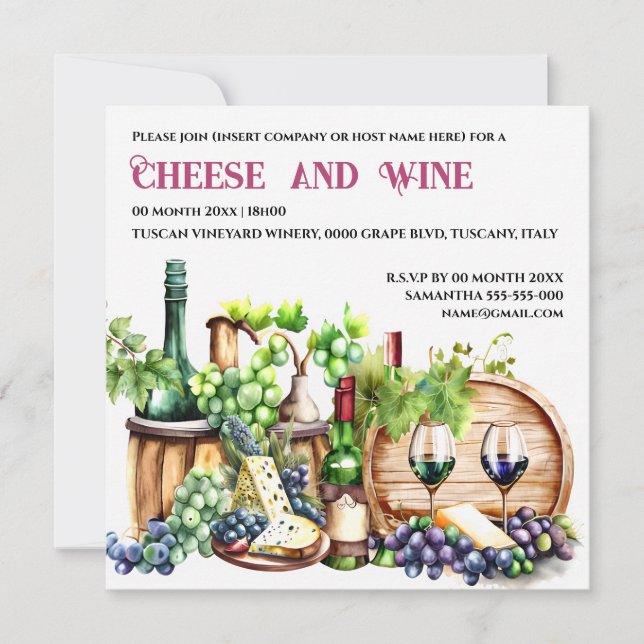 Invitation Vin fromage aquarelle vigne vigne fête (Devant)