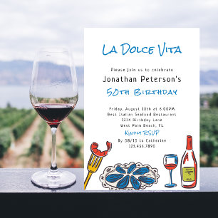 Invitation Vin Italien Fruits de Mer Dessin à la Main 50e Ann