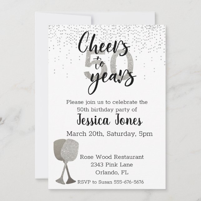 Invitation Vin Parties scintillant Argent À 50 Ans (Devant)