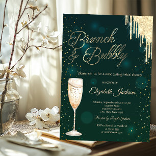 Invitation Vin pétillant et brunch Gold Drips vert 