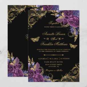 Invitation Vin pourpre Floral Antique Ornate Mariage or