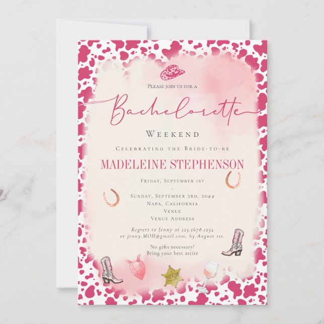 Invitation Vin Rose Cowgirl Pays Bachelorette Itinéraire (Devant)