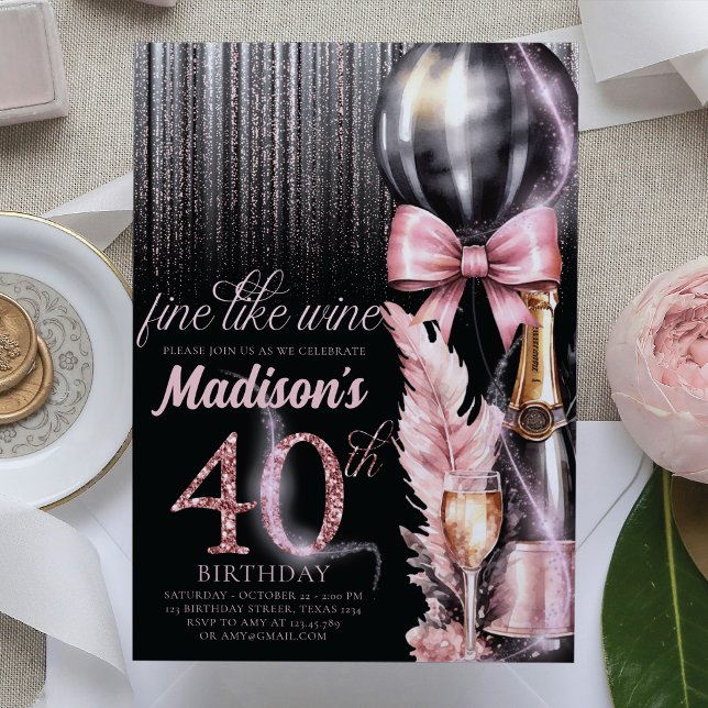 Invitation Vin rose Luxe 40e Anniversaire adulte (Créateur téléchargé)