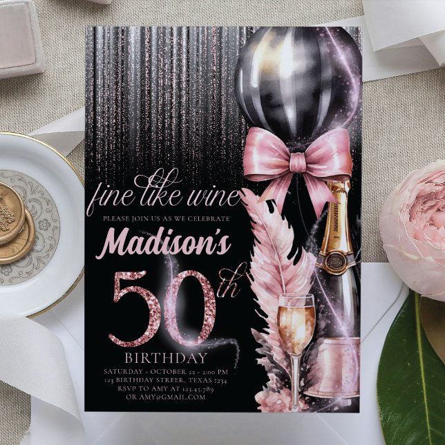 Invitation Vin rose Luxe 50e Anniversaire adulte (Créateur téléchargé)