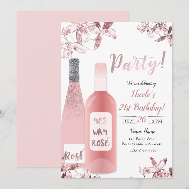 Invitation Vin Rosé Pink et Fleurs d'Orchidée Fête de Célébra (Devant / Derrière)