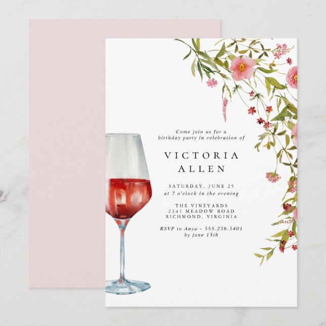 Invitation Vin rouge | Anniversaire féminin rose élégant (Devant / Derrière)