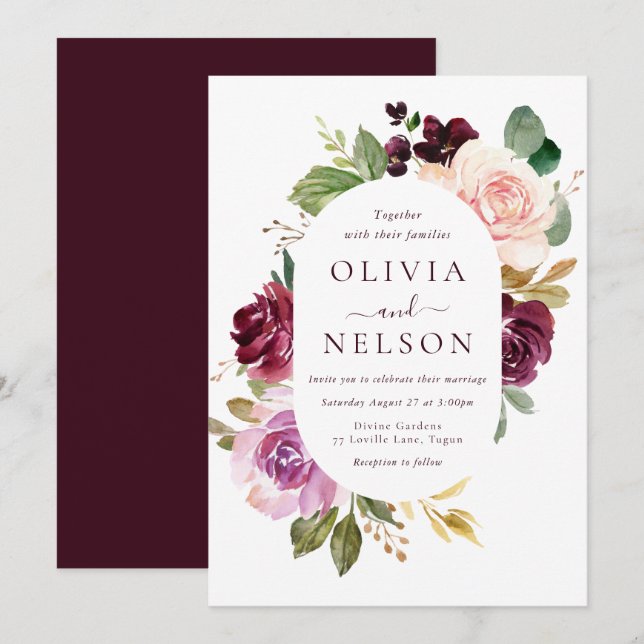 Invitation Vin rouge Bourgogne et Mariage à cadre floral (Devant / Derrière)