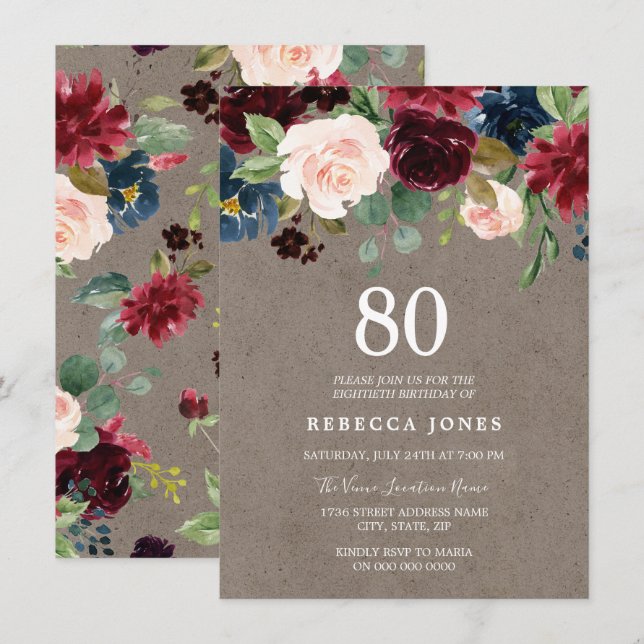Invitation Vin rouge Bourgogne Floral 80e fête d'anniversaire (Devant / Derrière)
