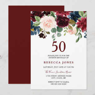 Invitation Vin rouge de Bourgogne Floral 50e anniversaire Inv