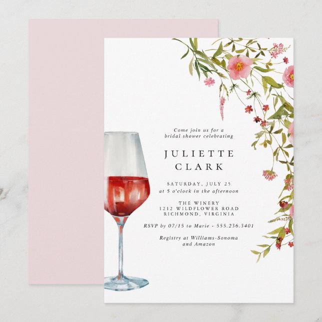 Invitation Vin rouge et Fête des mariées de jardin fleuri ros (Devant / Derrière)