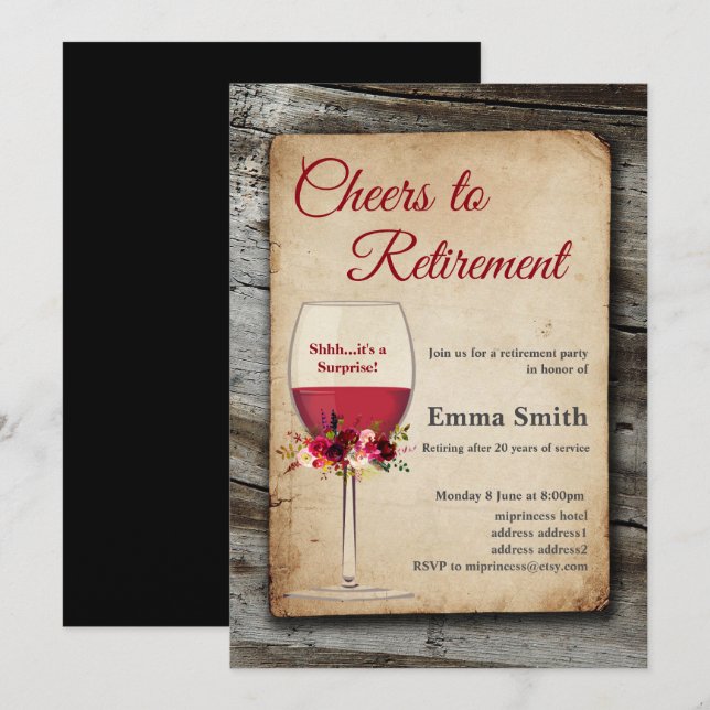 Invitation Vin rouge, fête de la retraite, retraite (Devant / Derrière)
