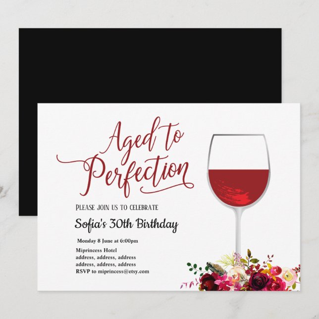 Invitation vin rouge, floral, vieilli à la perfection, annive (Devant / Derrière)