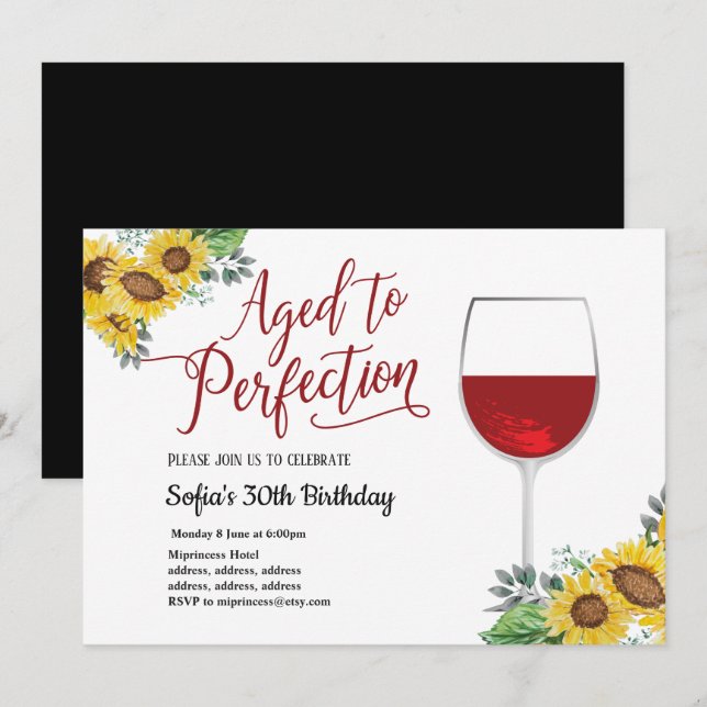 Invitation vin rouge, floral, vieilli à la perfection, annive (Devant / Derrière)