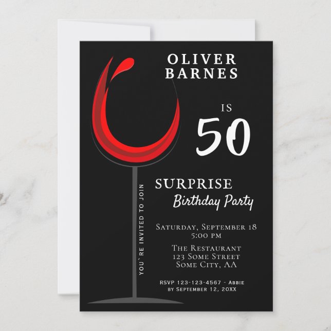 Invitation Vin rouge moderne 50e anniversaire Surprise Party (Devant)