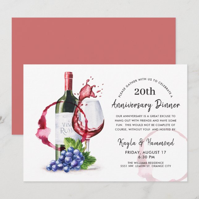 Invitation Vin rouge Occasion Anniversaire Dîner Invitat (Devant / Derrière)