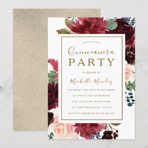 Invitation Vin rouge or Floral Aquarelle Quinceanera Party
