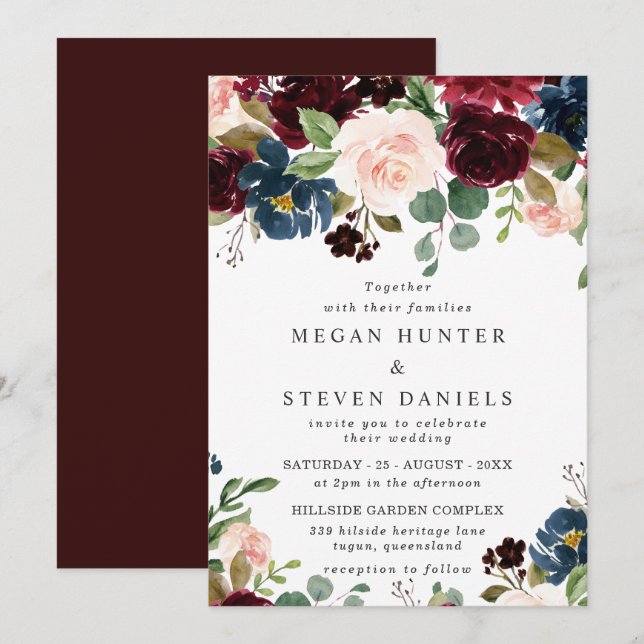Invitation Vin rouge profond Bourgogne Blush Mariage de la ma (Devant / Derrière)