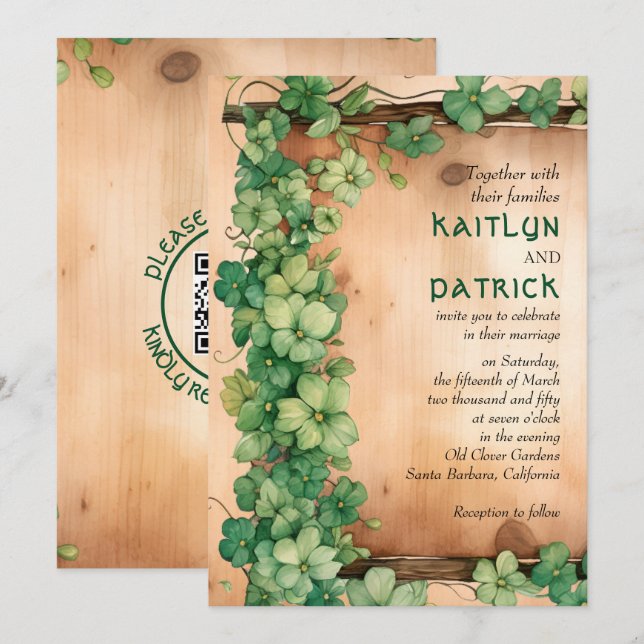 Invitation Vin sur bois St Patrick's Day QR mariage rustique (Devant / Derrière)