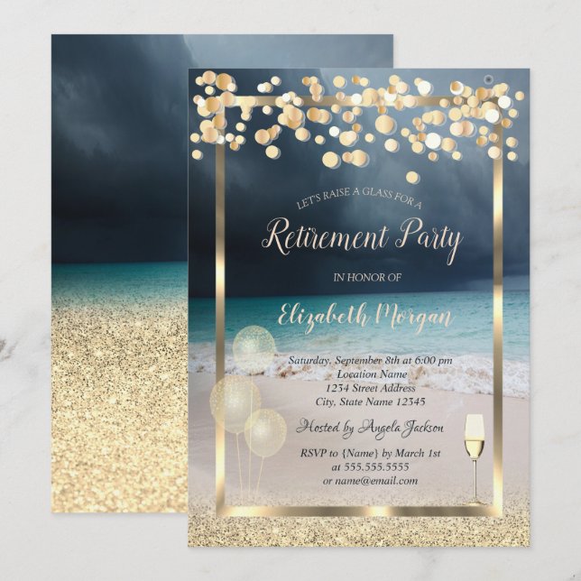 Invitation Vin Verre Ballons Gold Parties scintillant Plage R (Devant / Derrière)