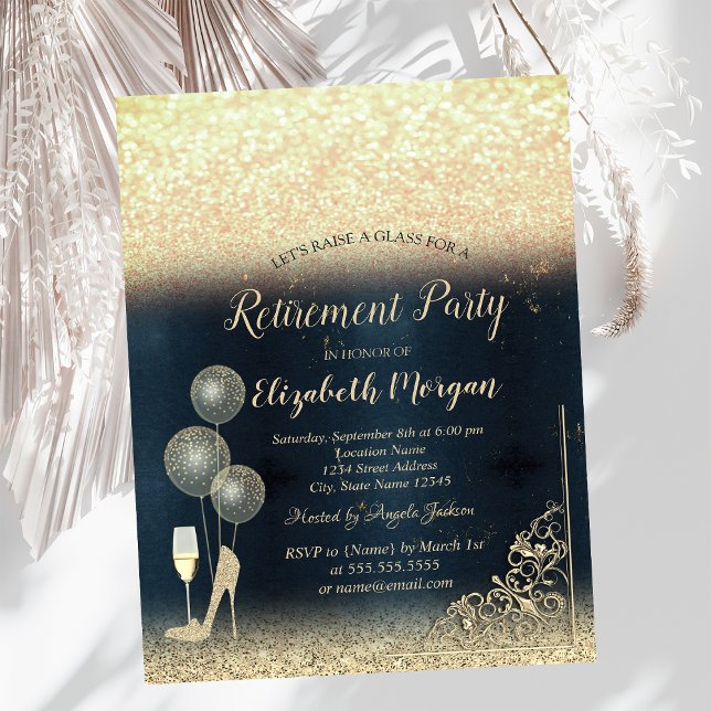 Invitation Vin Verre Ballons Parties scintillant Or Bleu Retr (Créateur téléchargé)