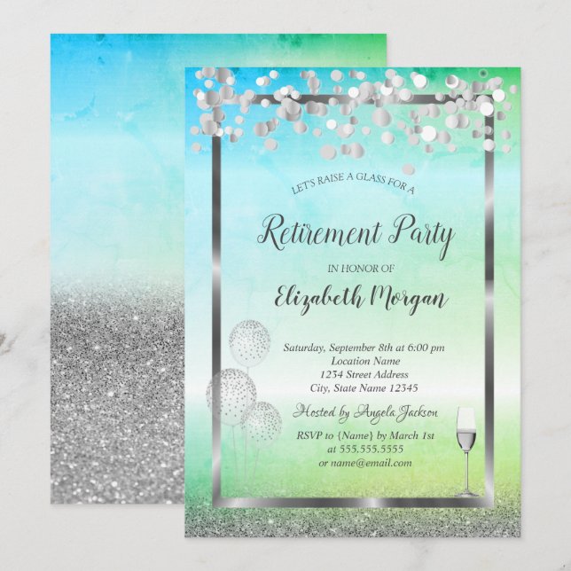 Invitation Vin Verre Ballons Parties scintillant Retraite ver (Devant / Derrière)