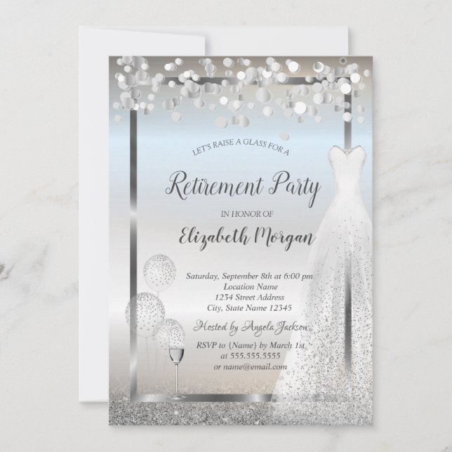 Invitation Vin Verre Ballons Robe Argent Retraite (Devant)