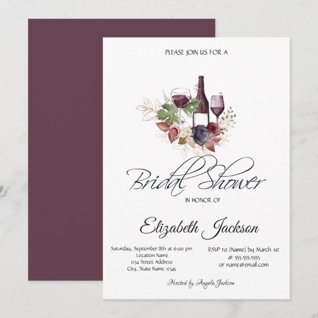 Invitation Vin Verre Bourgogne Fête des mariées florale (Devant / Derrière)