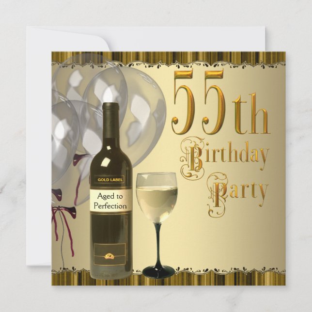 Invitation Vin Verre Bouteille Or 55e fête d'anniversaire (Devant)