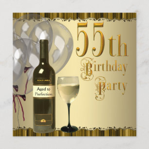 Invitation Vin Verre Bouteille Or 55e fête d'anniversaire